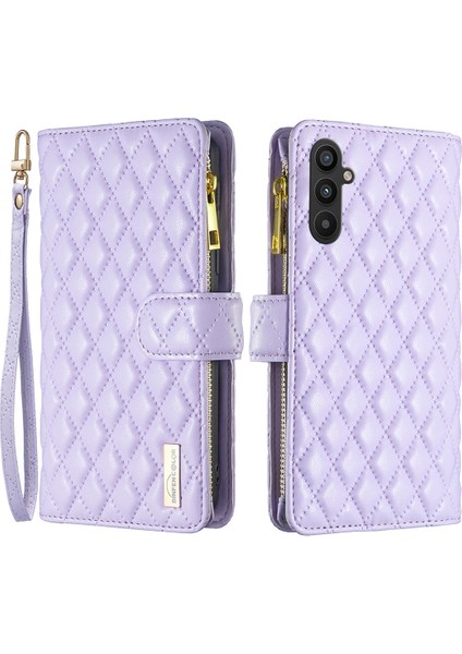 Samsung Galaxy A34 Için 5g Baskılı Rhombus Desen Pu Deri Kılıf Folio Manyetik Cüzdan Stand Fermuarı Cep Telefonu Kapak Strap-Murple ile (Yurt Dışından)
