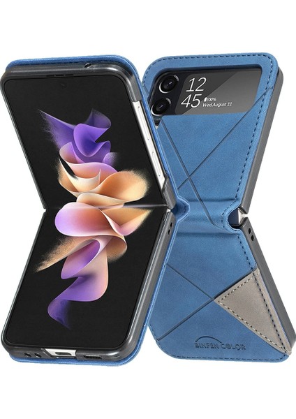 Samsung Galaxy Z Flip4 Için Pu Deri Kılıfı 4 5g Geometrik Baskılı Telefon Kapak Mavisi (Yurt Dışından)