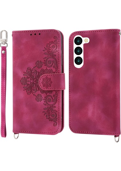 Samsung Galaxy S23 Için+ Baskılı Çiçekler Stand Pu Deri Cüzdan Kapağı Cilt Tahkisi Çoklu Kart Yuvaları Bilek Kayışı ve Omuz Kayışı Şirketi Kırmızı (Yurt Dışından)