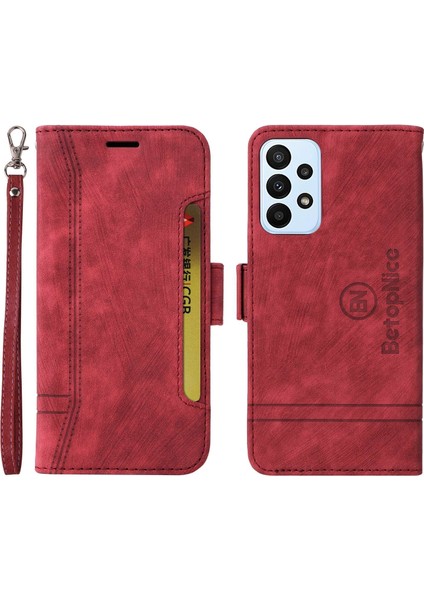 Samsung Galaxy A23 Için 4G/F23 5G/M23 5G/M13 4G/A23 5g (Global Versiyon) Basılı Dikiş Hattı Deri Kılıf Stand Cüzdan Telefon Kapağı Strap-Red ile (Yurt Dışından)