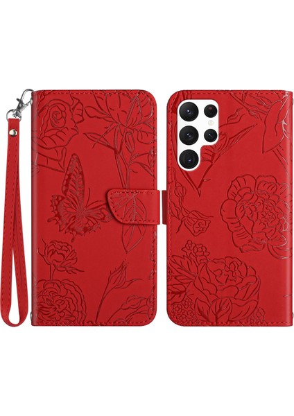 Samsung Galaxy S23 Ultra Için Cilt Touch Pu Deri Telefon Kılıfı, HT03 Baskılı Kelebek Çiçekleri Manyetik Cüzdan Stand Şok Geçirmez Flip Telefon Kapağı Kayış Kırmızısı (Yurt Dışından)