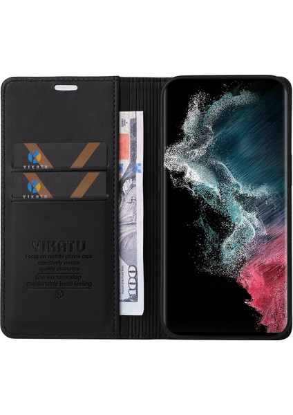 Samsung Galaxy S22 Ultra 5g Pu Deri Kapak Stand Gizli Manyetik Adsorpsiyon Şok Geçirmez Flip Cüzdan Kılıf Black (Yurt Dışından)