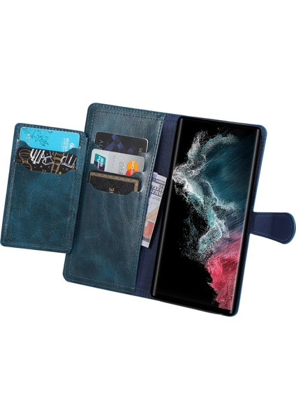 Samsung Galaxy S23 Ultra Pu Deri Cüzdan Kılıfı Fermuar Cep Standı Manyetik Flip Telefon Kapak Mavisi (Yurt Dışından)