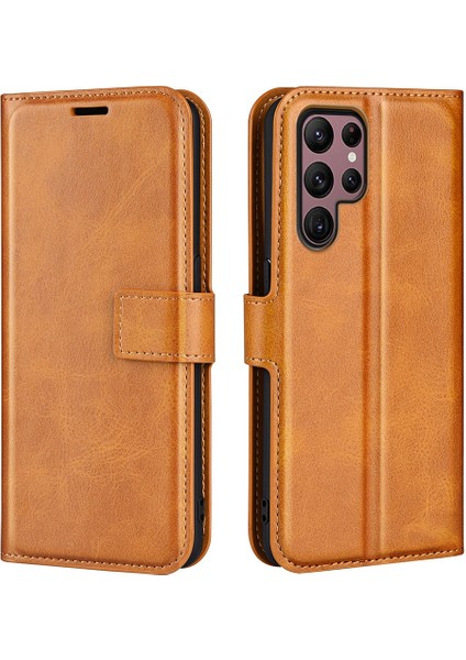Samsung Galaxy S23 Için Ultra Buzağı Doku Stand Standı Pu Deri Kılıf Kare Manyetik Toka Folio Flip Telefon Kapağını Sarı Sarı (Yurt Dışından)