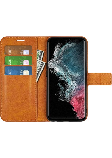 Samsung Galaxy S23 Için Ultra Buzağı Doku Stand Standı Pu Deri Kılıf Kare Manyetik Toka Folio Flip Telefon Kapağını Sarı Sarı (Yurt Dışından)