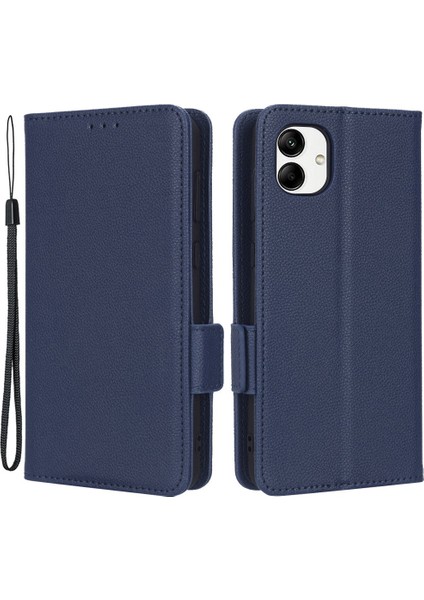 Samsung Galaxy A04 4g (164.4 x 76.3 x 9.1 MM)/M13 5g Litchi Doku Telefonu Pu Deri Çift Manyetik Toka Koru Cüzdan Standı Kapağı Kayış-Dark Mavi ile (Yurt Dışından)