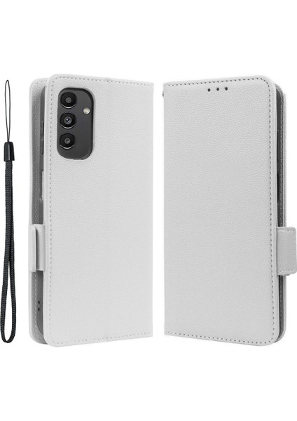 Samsung Galaxy A14 5g/4g Litchi Doku Telefon Kapağı Şok Geçirmez Pu Deri Deri Manyetik Toka Telefon Kılıfı Stand Cüzdan-White (Yurt Dışından)