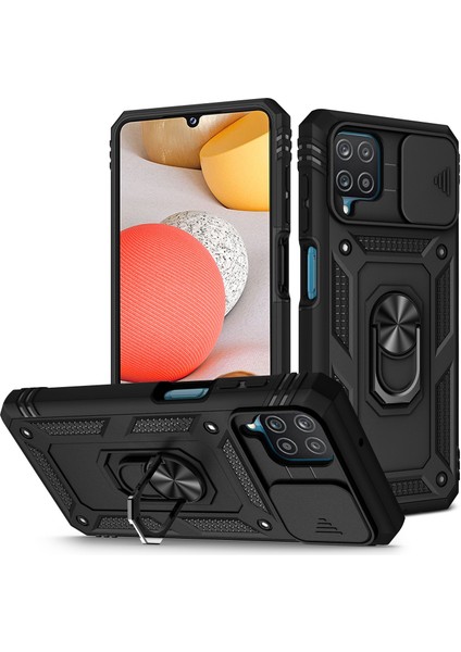 Samsung Galaxy A42 5g Telefon Kapak Halkası Kickstand Çok Koruma Koruma Cep Telefonu Kılıf Kart Tutucu Sürgülü Kameralı Kapak Black (Yurt Dışından)