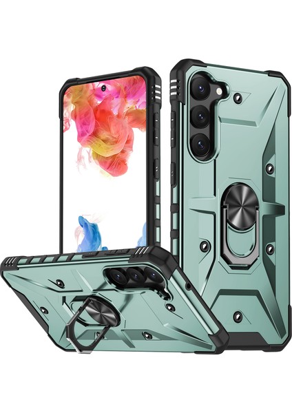 Samsung Galaxy S23 Için Kazık Kanıtı Yüzüğü Araba Montajı Kickstand Telefon Kılıfı Sabit Pc Yumuşak Tpu Hibrid Askeri Sınıf Şok Geçirmez Kapak-Dark Yeşil (Yurt Dışından)