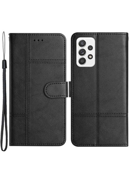 Samsung Galaxy A23 5g (Global Versiyon)/4g Business Pu Deri Deri Flip Cüzdan Çizgileri Baskılı Stand Manyetik Kapak Strap-Black ile (Yurt Dışından)
