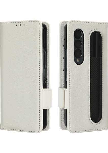 Samsung Galaxy Z Fold3 Için 5g Litchi Doku Pu Deri Deri Cüzdan Kılıf Fonksiyonu Çift Manyetik Toka Kapak Kalem Tutucu-Beyaz (Yurt Dışından)