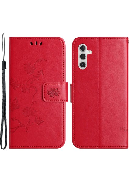 Samsung Galaxy A34 Için 5g Baskılı Kelebek Çiçek Desen Pu Deri Deri Kapak Manyetik Kapatma Stand Cüzdan Folio Telefon Kılıfı Strap-Red ile (Yurt Dışından)