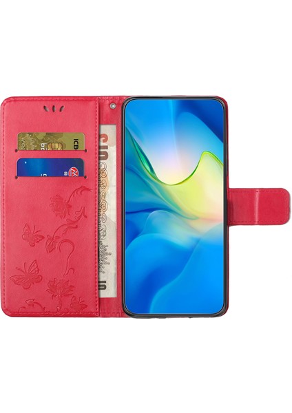 Samsung Galaxy A34 Için 5g Baskılı Kelebek Çiçek Desen Pu Deri Deri Kapak Manyetik Kapatma Stand Cüzdan Folio Telefon Kılıfı Strap-Red ile (Yurt Dışından)