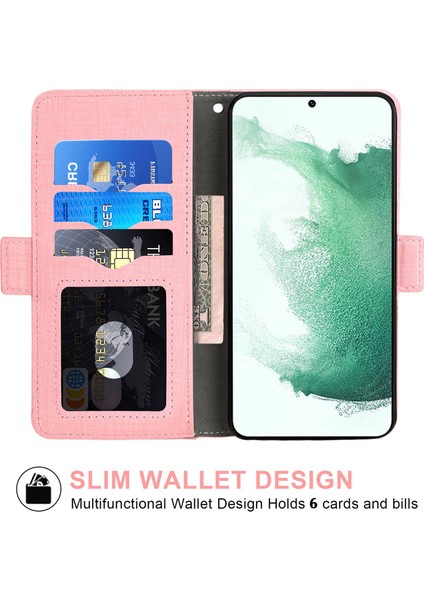 Samsung Galaxy S22+ 5g Jean Kumaş Doku Folio Flip Flip Telefon Kılıf Dönen Kartı Yuva Tasarımı Stand Pink ile Manyetik Deri Kabuk (Yurt Dışından)