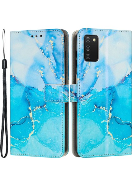Samsung Galaxy A03S (166.5 x 75.98 x 9.14MM) Için Tpu+Pu Deri Çift Katman Koruma Mermer Mermer Desen Desen Stand Stand Cüzdan Tarzı Telefon Kabuk Mavisi/yeşil (Yurt Dışından)