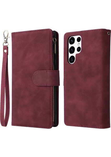 Samsung Galaxy S23 Için Ultra Çoklu Kart Yuvaları Telefon Kapağı Pu Deri Cüzdan Stand Tam Koruma Kılıfı Zipper Cep-Wine Red ile (Yurt Dışından)