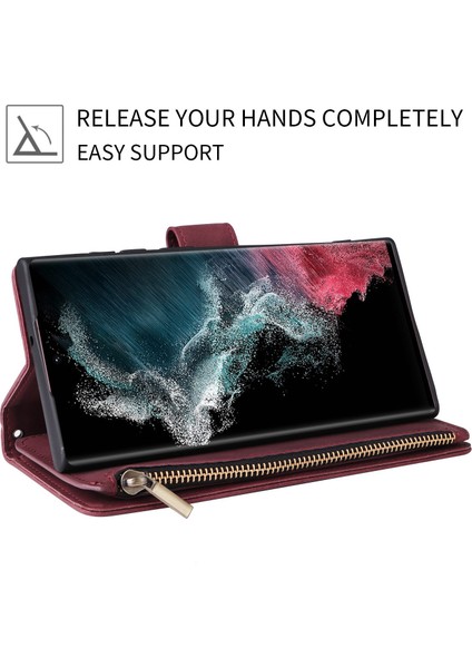 Samsung Galaxy S23 Için Ultra Çoklu Kart Yuvaları Telefon Kapağı Pu Deri Cüzdan Stand Tam Koruma Kılıfı Zipper Cep-Wine Red ile (Yurt Dışından)