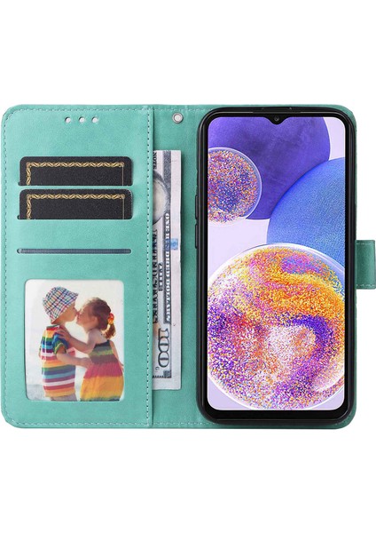 Samsung Galaxy F23 5G/M23 5G/M13 4G/A23 5g (Global Versiyon)/4g Pu Deri Telefon Kılıfı Ayçiçeği Baskılı Folio Flip Stand Manyetik Kapak Strap-Yeşil ile (Yurt Dışından)