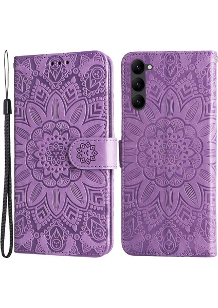 Samsung Galaxy S23 Için Anti-Çizelge Pu Deri Ayçiçeği Baskılı Stand Telefon Kılıfı Manyetik Kapak El Strap-Purple ile (Yurt Dışından)