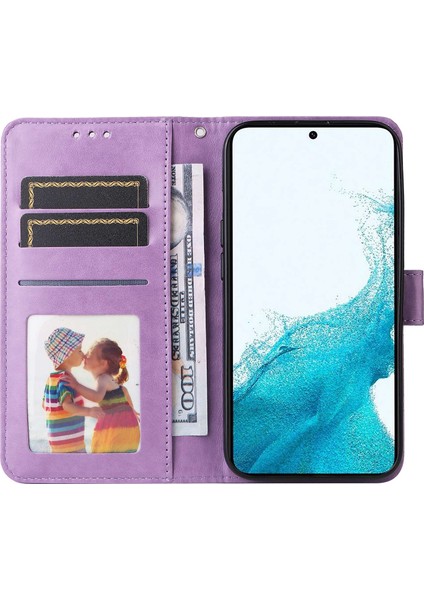 Samsung Galaxy S23 Için Anti-Çizelge Pu Deri Ayçiçeği Baskılı Stand Telefon Kılıfı Manyetik Kapak El Strap-Purple ile (Yurt Dışından)