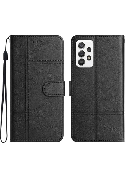 Samsung Galaxy A52S Için 5G/A52 5G/A52 4g Cowhide Doku Iş Deri Dikiş Çizgisi Dekor Dekor Stand Vaka Telefon Kabuk Black (Yurt Dışından)