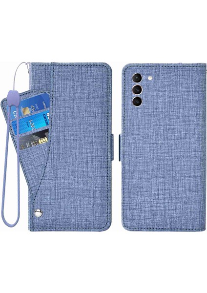 Samsung Galaxy S21 Için 4g/5g Jean Bez Doku Pu Deri Deri Foli Flip Case Stand Cüzdan Telefon Kapağı Dönen Kart Yuvası Mavisi (Yurt Dışından)