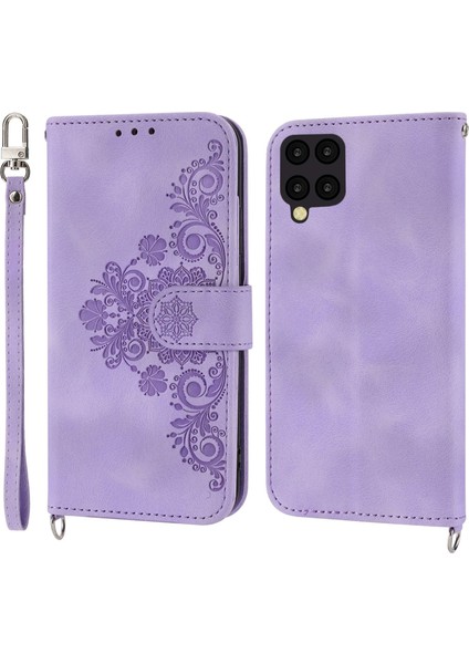 Samsung Galaxy A22 4g (Ab Versiyonu) Baskılı Çiçekler Cilt Tahtası Çoklu Kart Yuvaları Telefon Kılıfı Pu Deri Stand Cüzdan Kapağı Bilek Kayışı ve Omuz Kayış Lambası Mor (Yurt Dışından)