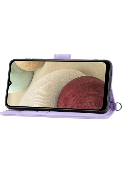 Samsung Galaxy A22 4g (Ab Versiyonu) Baskılı Çiçekler Cilt Tahtası Çoklu Kart Yuvaları Telefon Kılıfı Pu Deri Stand Cüzdan Kapağı Bilek Kayışı ve Omuz Kayış Lambası Mor (Yurt Dışından)