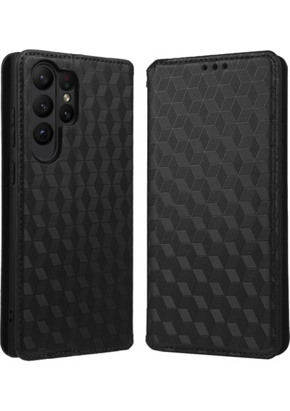 Samsung Galaxy S23 Için Ultra Cüzdan Tasarımı Rhombus Desen Baskılı Manyetik Pu Deri Kılıf Stand Stand Stand Absorpsiyon Koruyucu Telefon Kapak Black (Yurt Dışından)