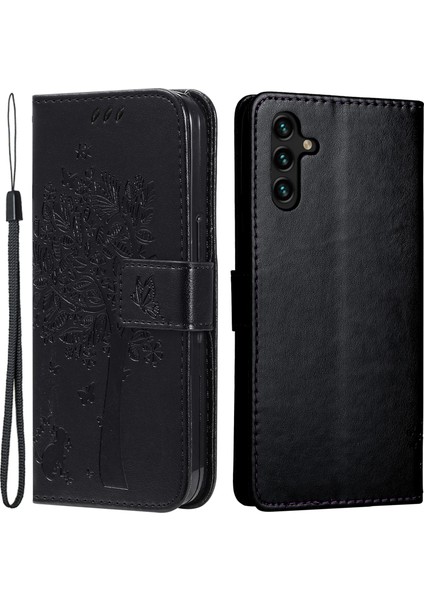 Samsung Galaxy A34 Için 5g Manyetik Pu Deri Flip Telefon Kapağı Baskılı Kedi Ağacı Desen Cüzdan Stand Kapağı Strap-Black (Yurt Dışından)
