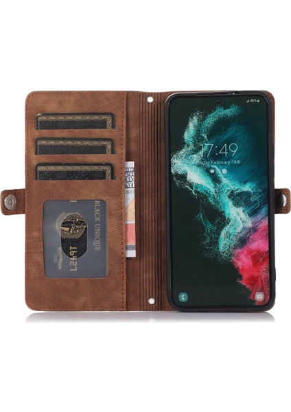 Samsung Galaxy S22 Için 5g Pu Deri Fermuar Folio Cüzdan Kasası Çok Fonksiyonlu 9 Kart Tutucu Yuvaları Flip Koruyucu Telefon Kapağı Bilek Kayış-Kahverengi (Yurt Dışından)