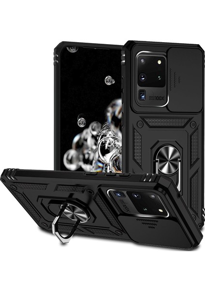 Samsung Galaxy S20 Ultra Için Sert Pc+Yumuşak Tpu Telefon Kılıfı, Metal Ring Kickstand Anti Drop Kapağı Slayt Kamera Koruma-Black (Yurt Dışından)