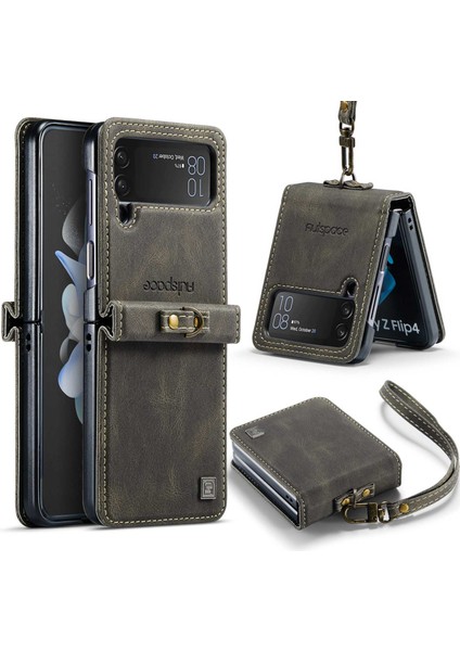 Samsung Galaxy Z Flip4 5g Pu Deri+Pc Vintage Mat Koruyucu Kılıf Için Şok Geçirmez Kılıf Strap-Coffee (Yurt Dışından)