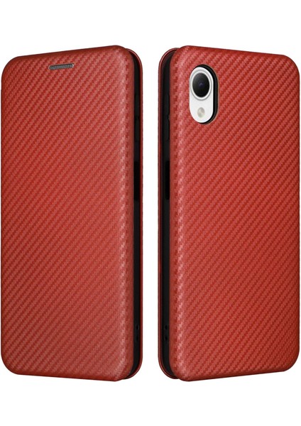 Samsung Galaxy A23E/A23 5g (Global Versiyon) Pu Deri Telefon Standı Kart Karbon Fiber Doku Kart Yuvası-Kahverengi ile Otomatik Kapalı Manyetik Koruyucu Kapak (Yurt Dışından)
