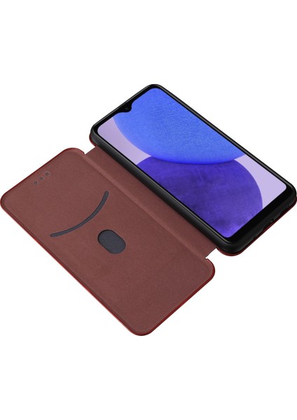 Samsung Galaxy A23E/A23 5g (Global Versiyon) Pu Deri Telefon Standı Kart Karbon Fiber Doku Kart Yuvası-Kahverengi ile Otomatik Kapalı Manyetik Koruyucu Kapak (Yurt Dışından)