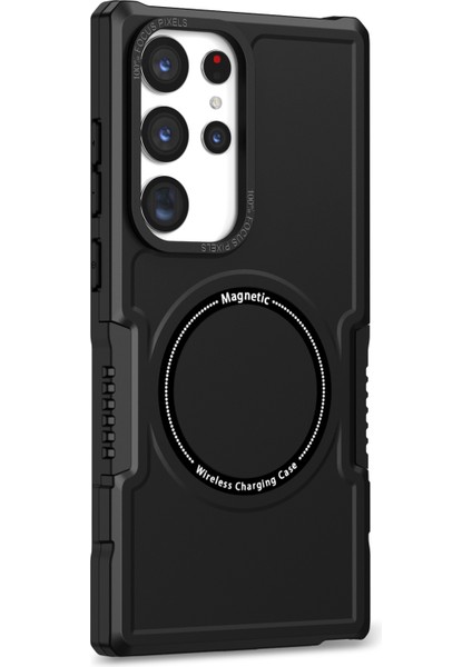 Samsung Galaxy S23 Ultra Kamera Lens Çerçevesi Tasarımı Sabit Pc+Yumuşak Tpu Telefon Kılıfı Şok Geçirmez Kapak Manyetik Kablosuz Şarj Siyah (Yurt Dışından)