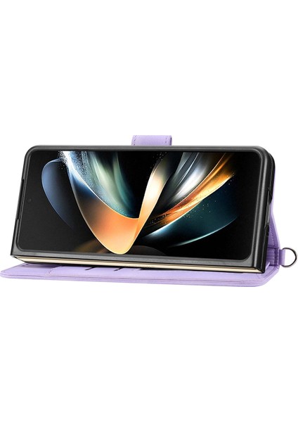 Samsung Galaxy Z Fold4 5g Baskılı Çiçekler Cilt Touch Pu Deri Kapak Cüzdan Stand Omuz Kayış Işığı Mor ile Katlanır Telefon Kılıfı (Yurt Dışından)