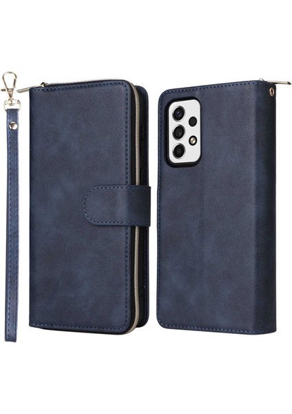 Samsung Galaxy A23 4G/A23 5g (Global VERSIYON)/M23 5G/F23 5g Ince Pu Deri Cüzdan Telefon Kılıfı 9 Kart Yuvaları Fermuarı Cep Stand Flip Cover-Blue (Yurt Dışından)