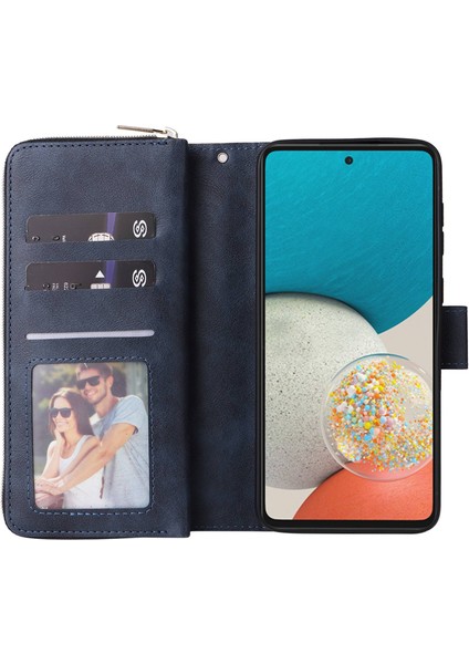 Samsung Galaxy A23 4G/A23 5g (Global VERSIYON)/M23 5G/F23 5g Ince Pu Deri Cüzdan Telefon Kılıfı 9 Kart Yuvaları Fermuarı Cep Stand Flip Cover-Blue (Yurt Dışından)
