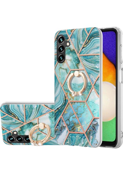 Seashell Digital Samsung Galaxy A34 5g Yüzük Kickstand Tasarım Tpu Kılıfı Elektrapan Birleştirme Mermer Desen Imd Telefon Kapak-Blue (Yurt Dışından)