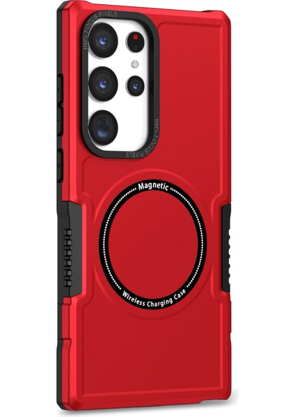 Samsung Galaxy S23 Ultra Kamera Lens Çerçevesi Tasarımı Sabit Pc+Yumuşak Tpu Telefon Kılıfı Şok Geçirmez Kapak Manyetik Kablosuz Şarj Kırmızı (Yurt Dışından)