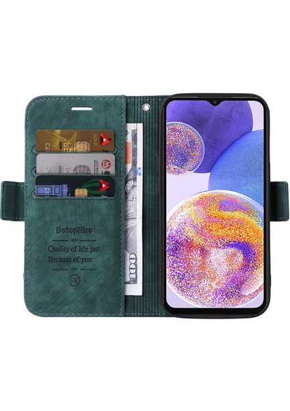 Samsung Galaxy A23 Için 4G/F23 5G/M23 5G/M13 4G/A23 5g (Global Versiyon) Basılı Dikiş Hattı Deri Kılıf Stand Cüzdan Telefon Kapağı Strap-Green (Yurt Dışından)