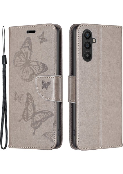 Samsung Galaxy A34 Için 5g Pu Deri Cüzdan Telefon Kılıfı Baskılı Kelebekler Manyetik Kapak Stand Kapağı Strap-Grey (Yurt Dışından)