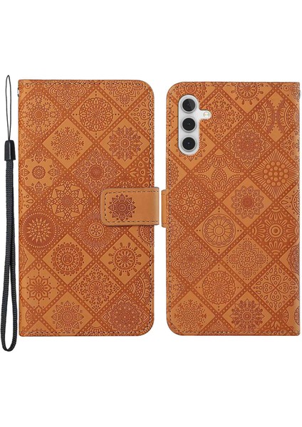 Samsung Galaxy A14 Için 5g Çizgiye Karşı Çizgiye Karşı Etnik Stil Çiçek Baskılı Kılıf Pu Deri+Tpu Stand Cüzdan Cep Telefonu Kapak Brown (Yurt Dışından)