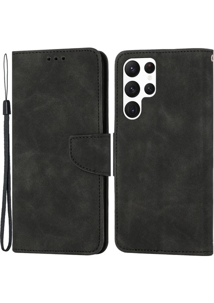 Samsung Galaxy S23 Için Ultra Düz Renkli Pu Deri Cüzdan Kılıfı Manyetik Kapanma Stand Flip Koruyucu Telefon Kapağı Black (Yurt Dışından)