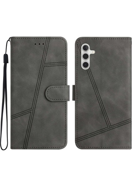 Samsung Galaxy A04S Için 4g (164.7 x 76.7 x 9.1 Mm) Cüzdan Stand Telefon Kılıfı, Cilt Touch Duygu Çizgileri Baskılı Pu Deri Manyetik Flip Kapak-Grey (Yurt Dışından)