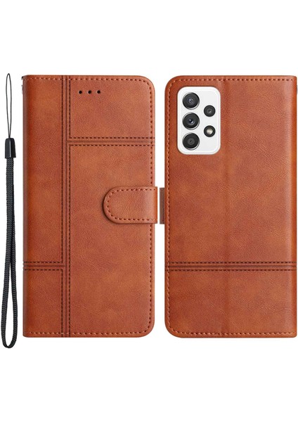 Samsung Galaxy A23 5g (Global Versiyon)/4g Business Pu Deri Deri Flip Cüzdan Çizgileri Baskılı Stand Manyetik Kapak Strap-Brown ile (Yurt Dışından)