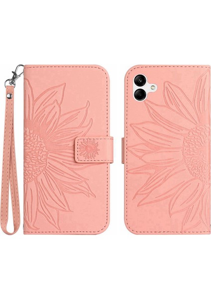 Samsung Galaxy A04 4g (164.4 x 76.3 x 9.1 Mm) HT04 Düşme Koruması Cilt Touch Pu Deri Telefon Kılıfı Baskılı Ayçiçeği Stand Cüzdan Kapağı El Strap-Işık Pembe (Yurt Dışından)