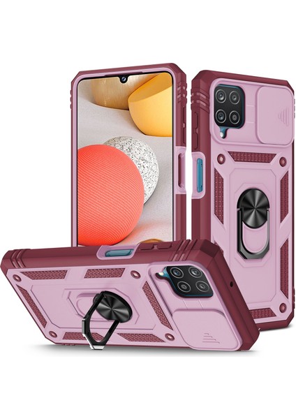 Samsung Galaxy A42 Için 5g Telefon Kapak Yüzüğü Kickstand Çok Koruma Koruma Cep Telefonu Kılıf Kart Tutucu Sürgülü Kameralı Kapak Pembe/koyu Kırmızı (Yurt Dışından)