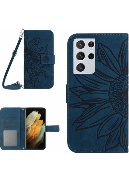 Samsung Galaxy S21 Ultra 5g Için Cilt Dostu Telefon Kılıfı, HT04 Baskılı Ayçiçeği Pu Deri Flip Cüzdan Stand Kapağı Omuz Kayış-Dark Mavi (Yurt Dışından)